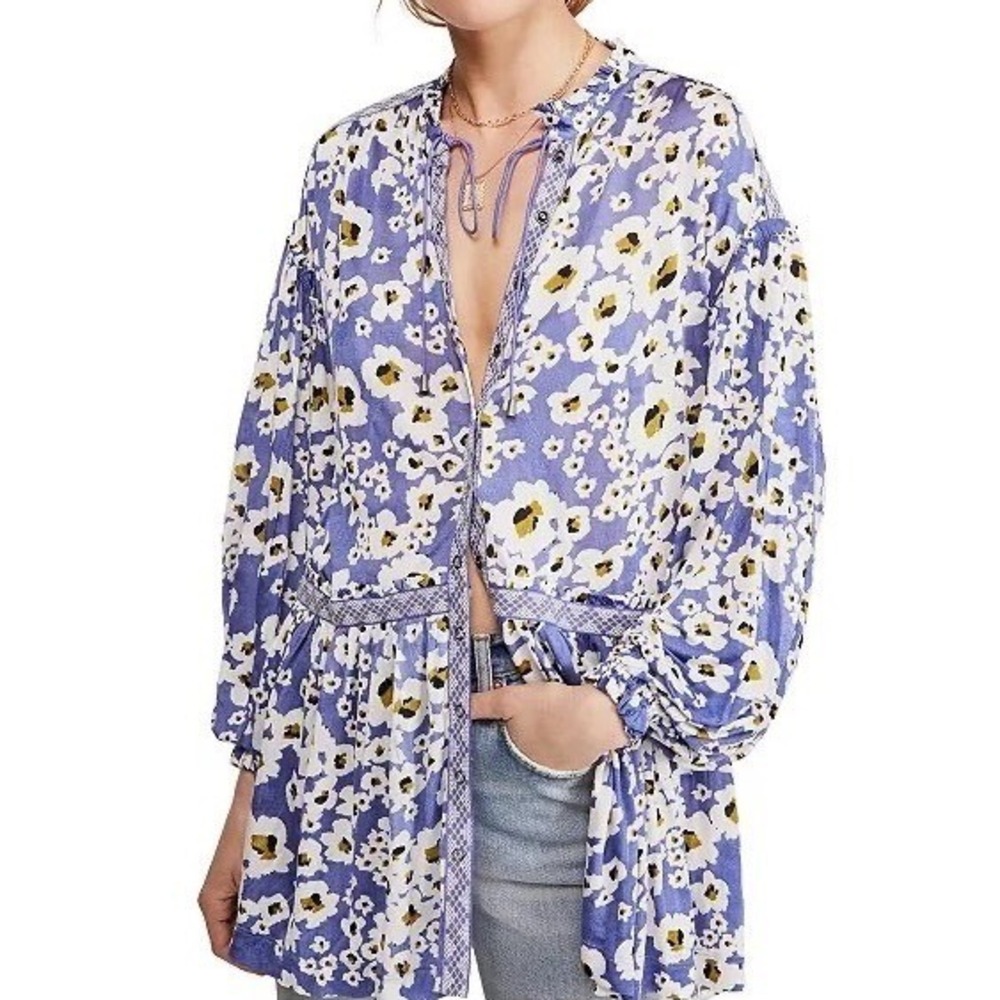 Free People Oversized Blue & White Floral Love Letter Tunic in Rain Combo Sz XS